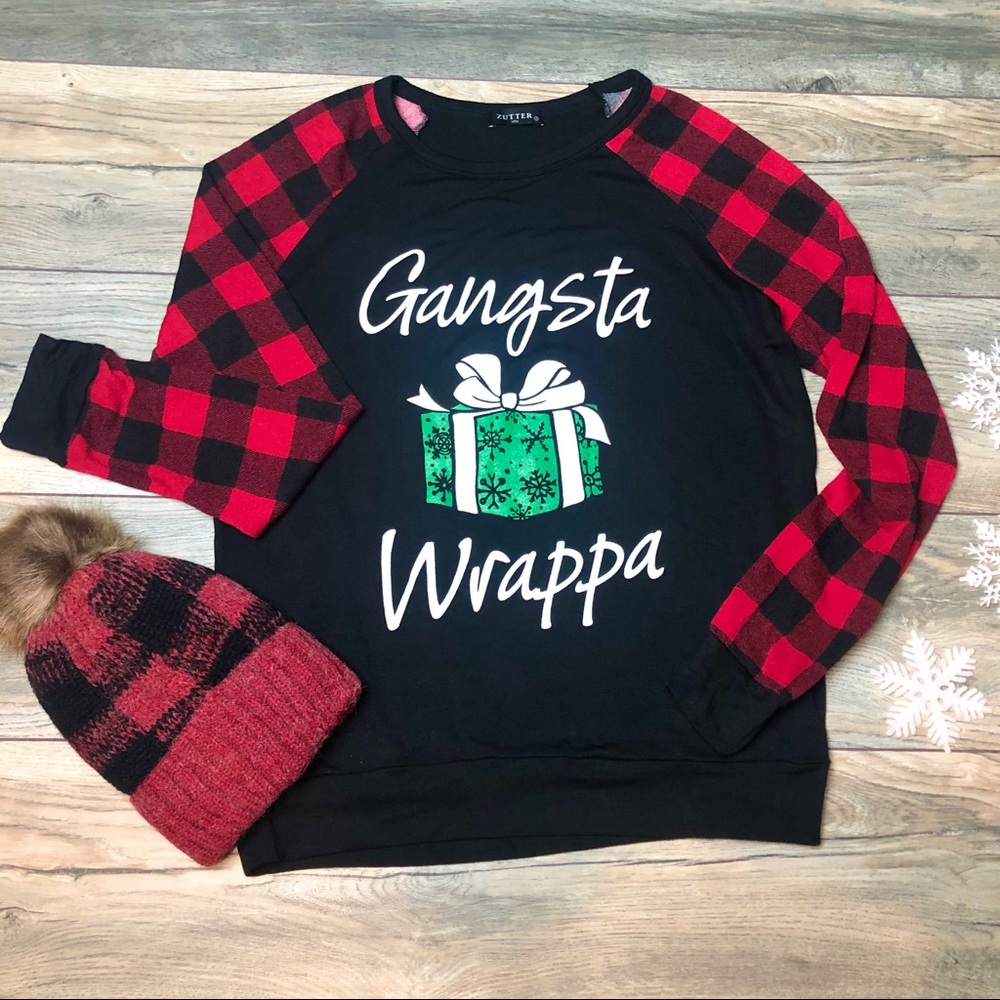 Plus Christmas Wrapper Graphic Raglan shirt long Sleeves pullover Buffalo Plaid
